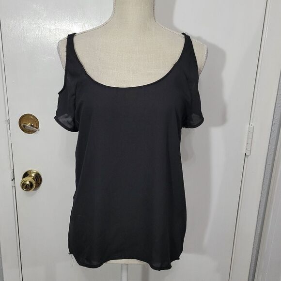 Ambiance apparel black cold shoulder blouse - Picture 1 of 7
